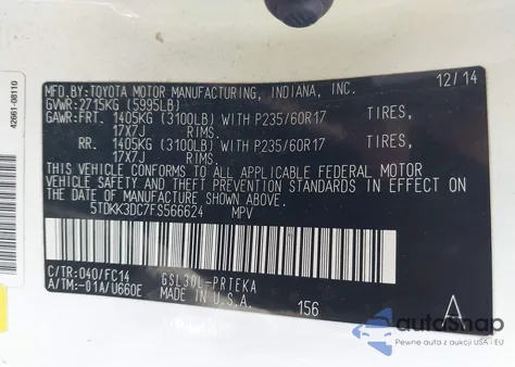 2015 Toyota Sienna Le 8 Passenger из США, поврежденный, VIN 5TDKK3DC7FS566624